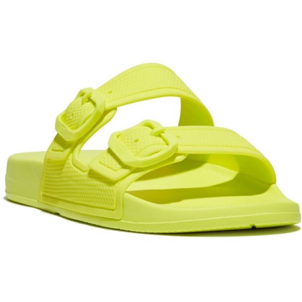 FitFlop Iqushion Two Bar Buckle Slides Electric Yellow Sandals