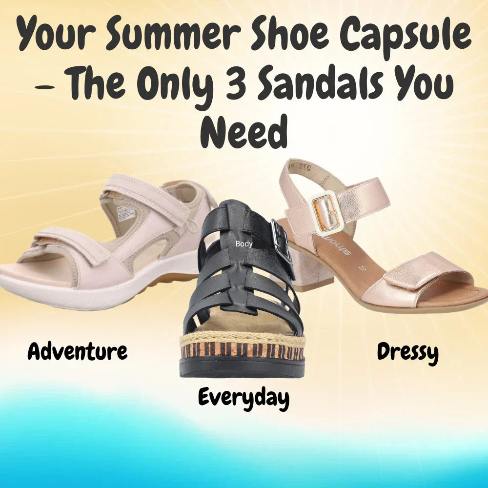 Your summer shoe capsule showing the 3 shoes you need for summer - adventure, everyday and dressy