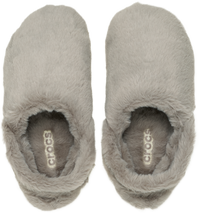 Pair of gray slippers with Crocs logo on a white background