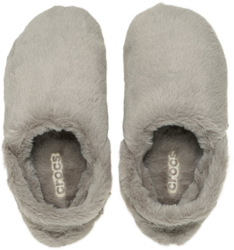 Pair of gray slippers with Crocs logo on a white background