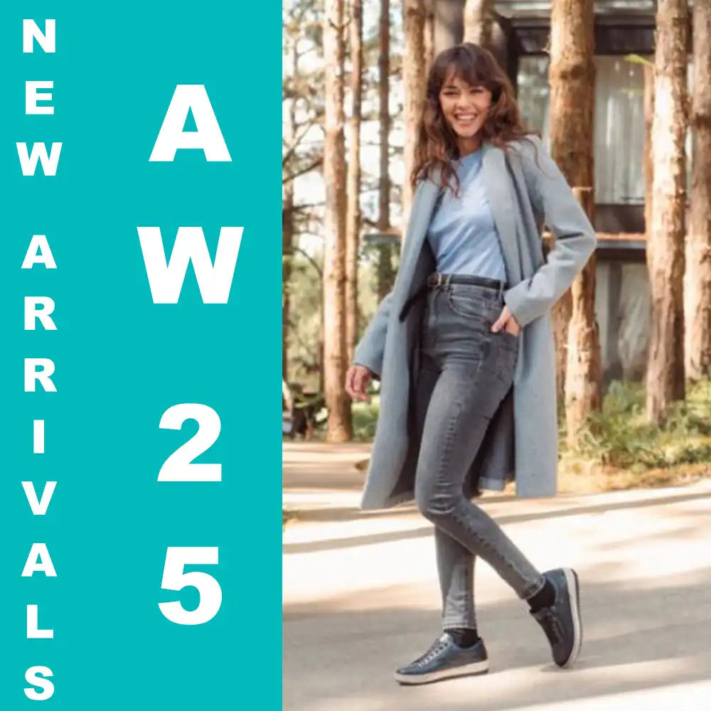 Woman walking outdoors with 'New Arrivals AW 25' text on a teal background