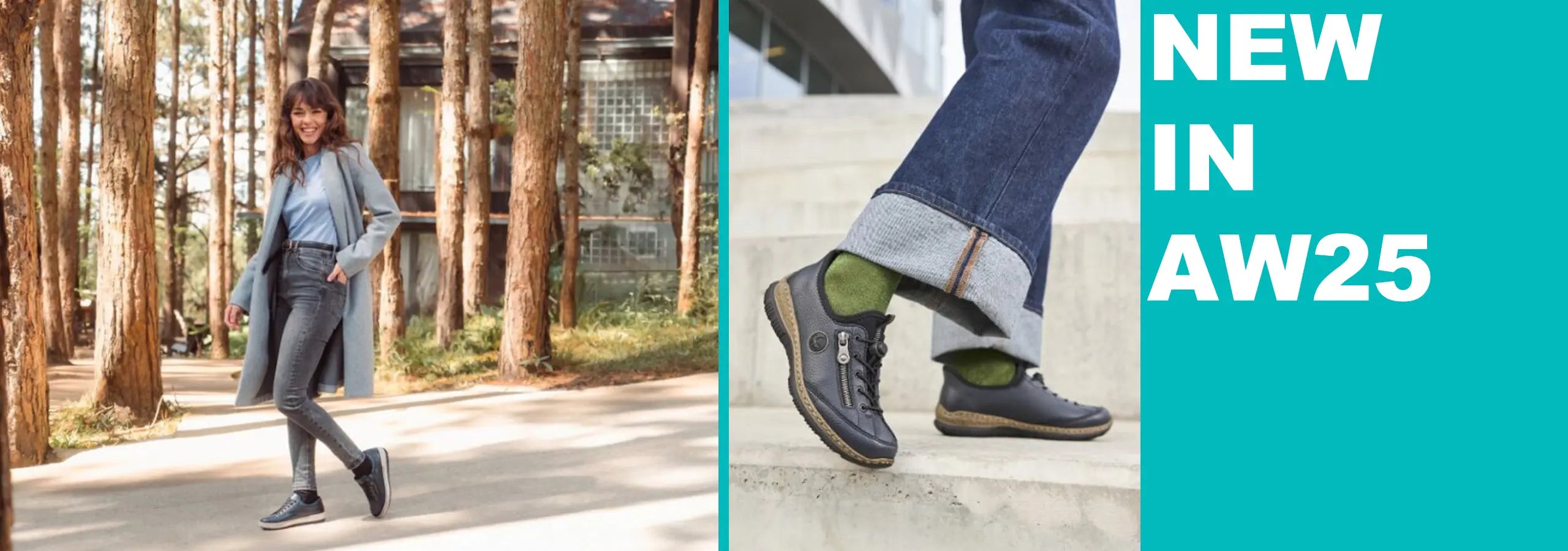 Woman walking outdoors with a focus on shoes, featuring 'NEW IN AW25' text.