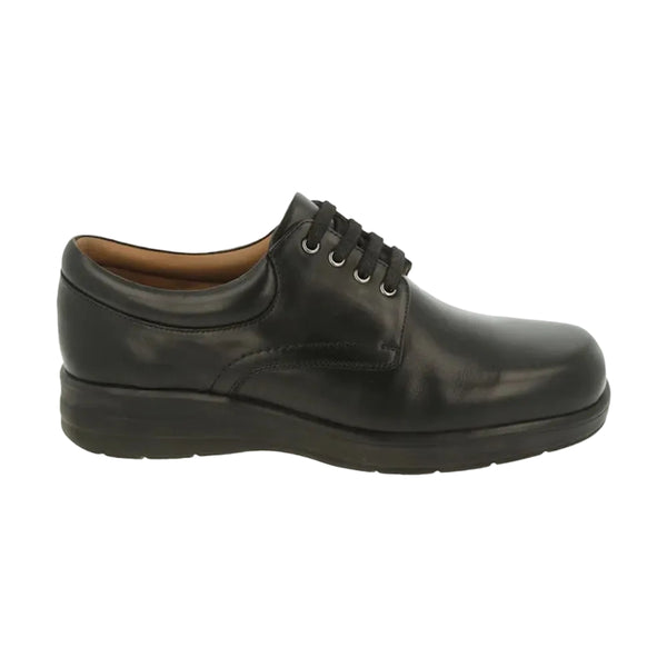 A black leather lace-up smart shoe with a padded collar and a smooth toe-box.
