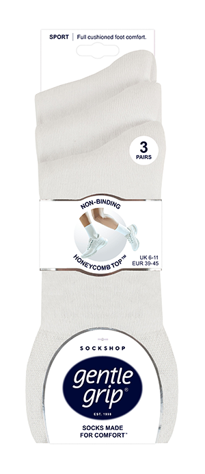 Gentle Grip Cushion Foot Sport Socks Ladies 3pp - White