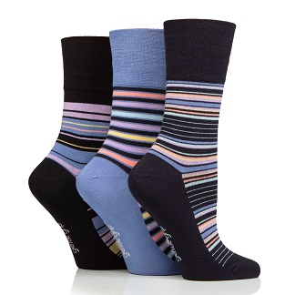 Gentle Grip Bamboo Socks Ladies Stripey Array 3pp - Black/Navy/Denim