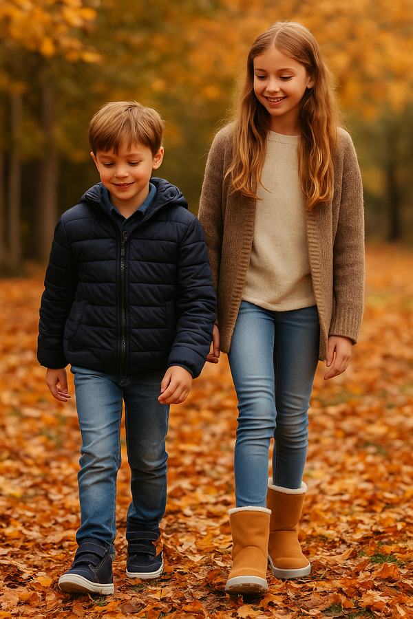 Two children walking together on a path covered with fallen leaves in an autumn setting.