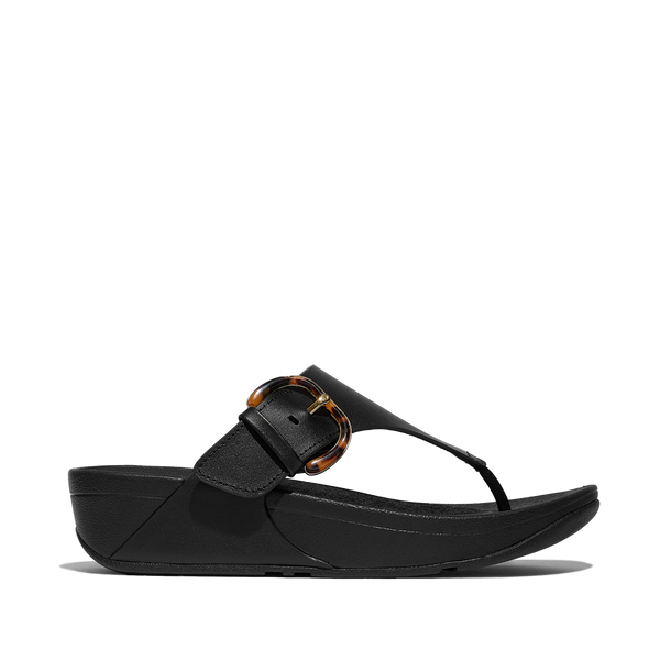 FitFlop Lulu Resin-Buckle Leather Toe-Post  - All Black Sandals