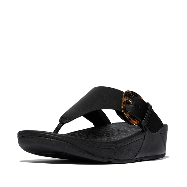 FitFlop Lulu Resin-Buckle Leather Toe-Post  - All Black Sandals
