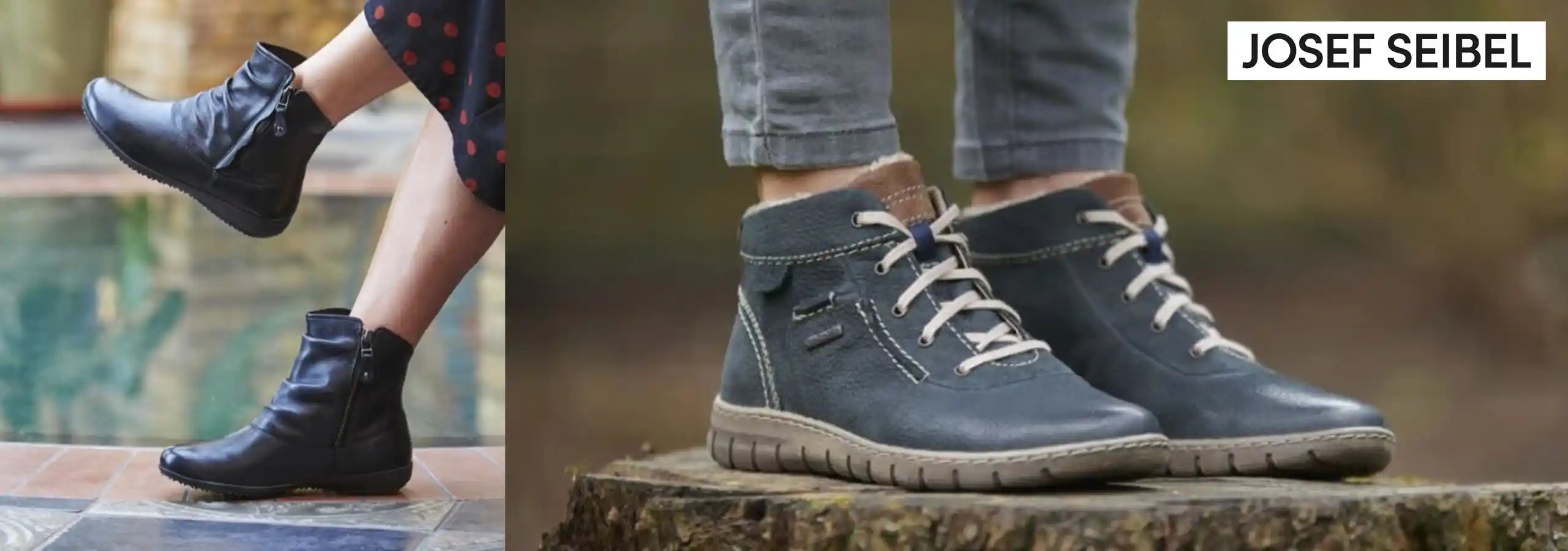 Pair of black boots worn by a person on a stone surface with 'Josef Seibel' branding.