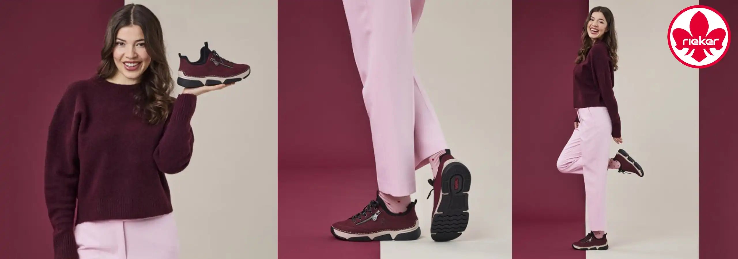 Woman holding a sneaker, wearing pink pants and a dark sweater, with a Nike logo in the corner.