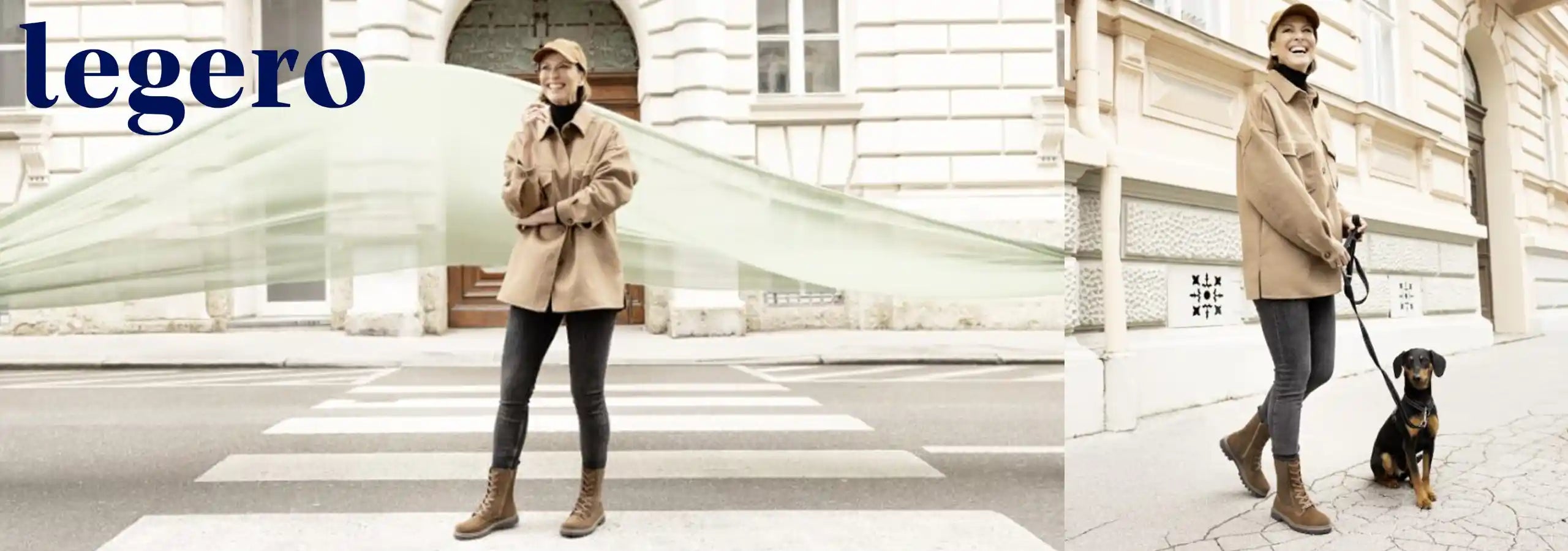 Person in a beige coat walking with a dog on a city street, featuring the 'legero' brand.