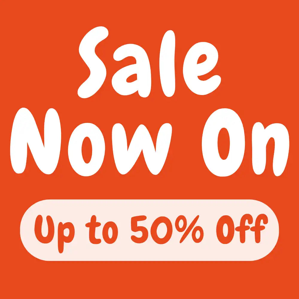 Orange sale banner with white and red text 'Sale Now On Up to 50% Off'.
